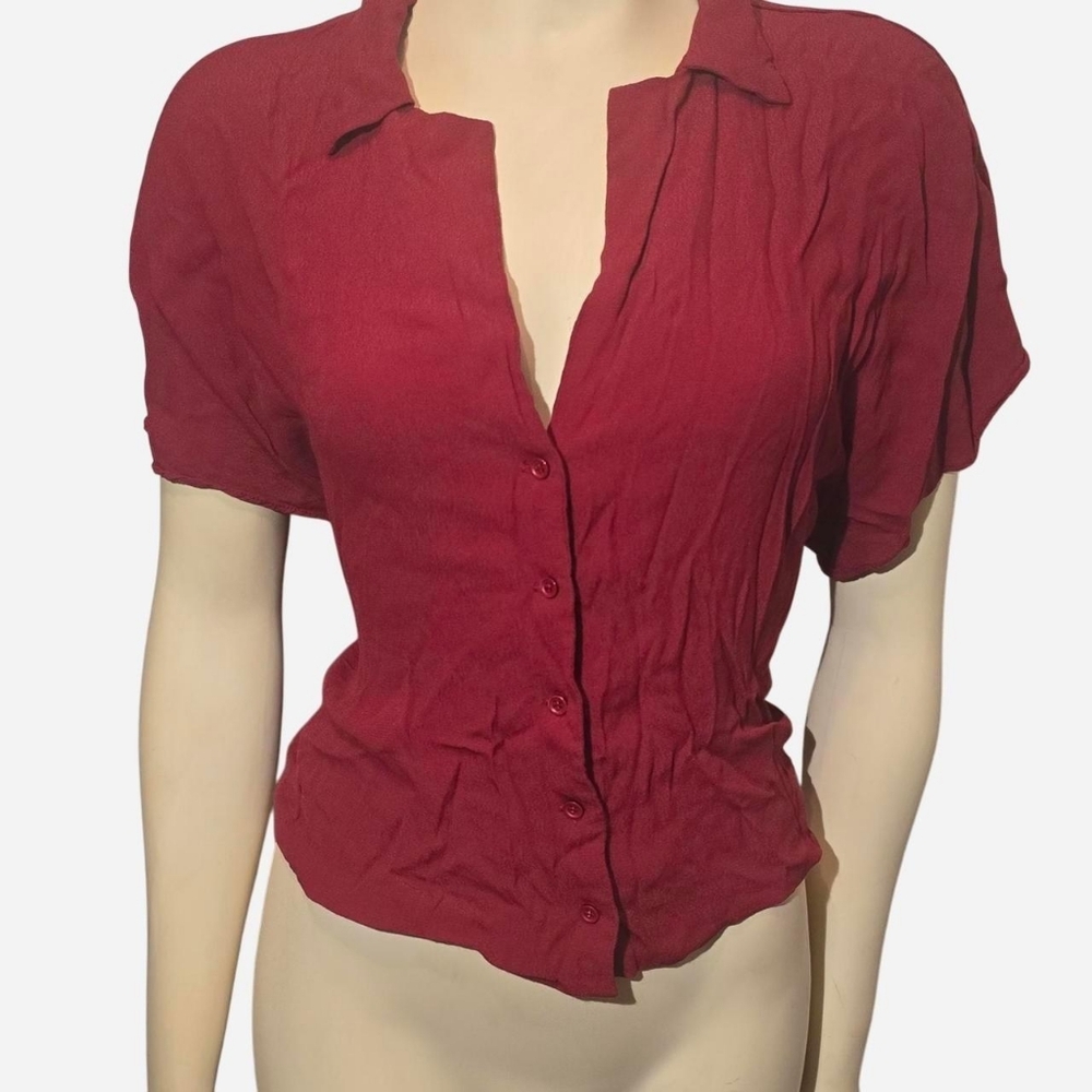 Forever 21 Button Down Top Women Large Burgundy Short Sleeve 90s Style
